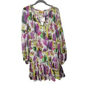 NWT Oliphant Women's Sz L Smocked Waist Tiered Long Sleeve Silk Dress Floral